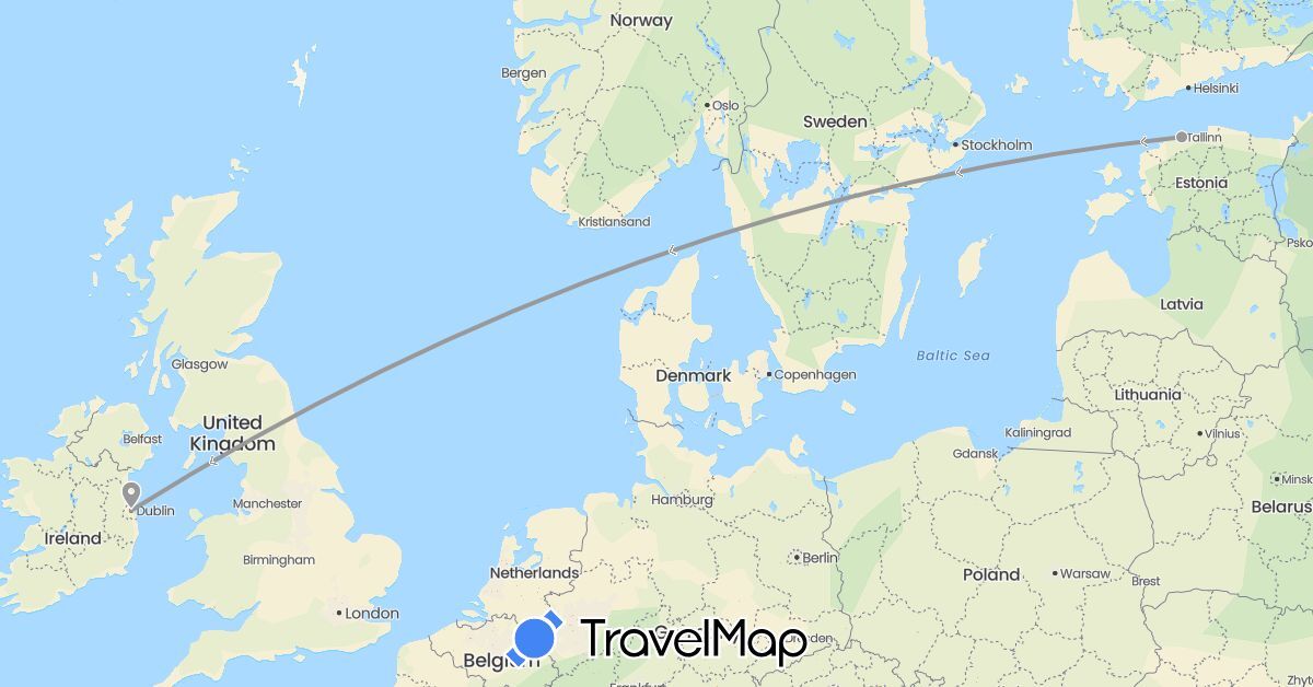 TravelMap itinerary: driving, plane in Estonia, Ireland (Europe)